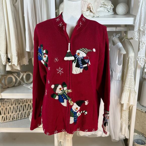 Heirloom Collectibles sz XL Snowman red full zip cardigan festive Christmas 4247 - Picture 1 of 10